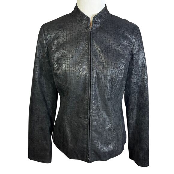Rachel Adams Faux Leather Crocodile Print Black Jacket Womens Sz M Polyester - Picture 1 of 5